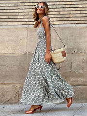 Sleeveless Printed Maxi Dress with Ruffled Shoulder Straps