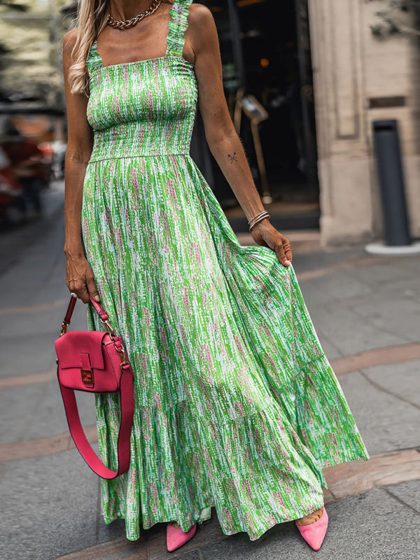 Sleeveless Printed Maxi Dress with Ruffled Shoulder Straps
