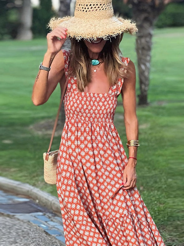 Sleeveless Printed Maxi Dress with Ruffled Shoulder Straps