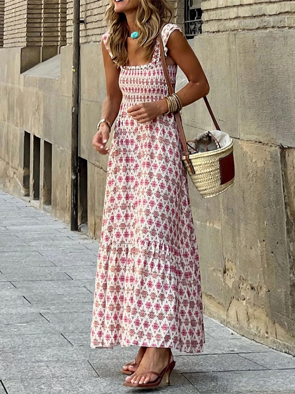 Sleeveless Printed Maxi Dress with Ruffled Shoulder Straps