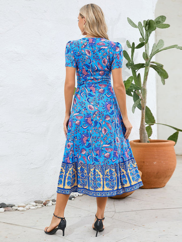 Short Sleeve V-Neck High Waist Bohemian Dress