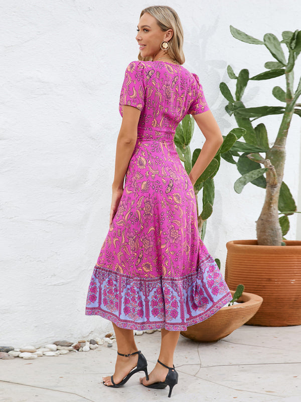 Short Sleeve V-Neck High Waist Bohemian Dress