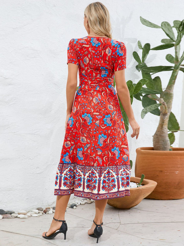 Short Sleeve V-Neck High Waist Bohemian Dress