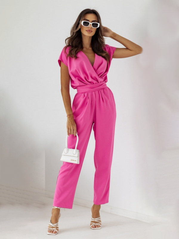 V-Neck Short Sleeve Jumpsuit with Pockets