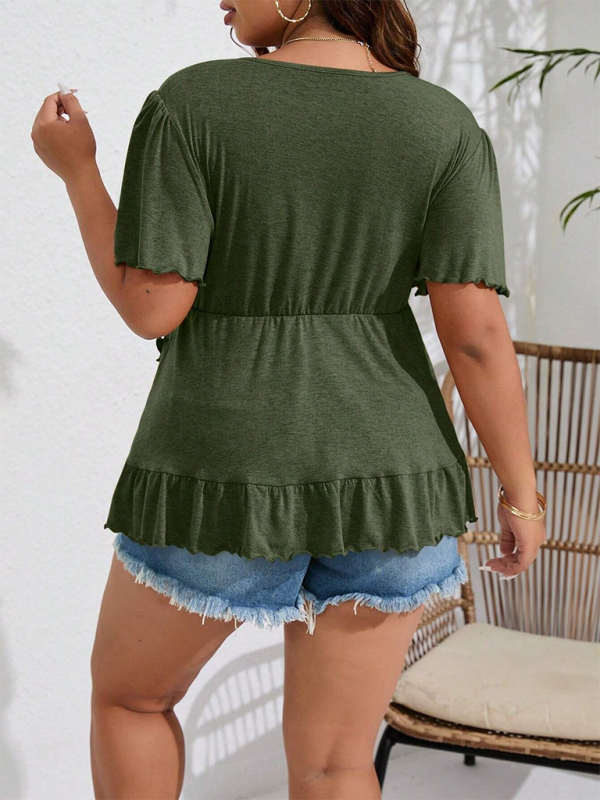 Plus Size V-Neck Ruffled Babydoll Short Sleeve Top