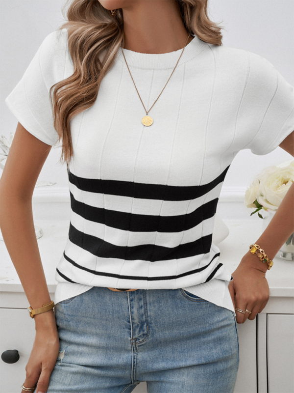 Striped Round Neck Short Sleeve Sweater