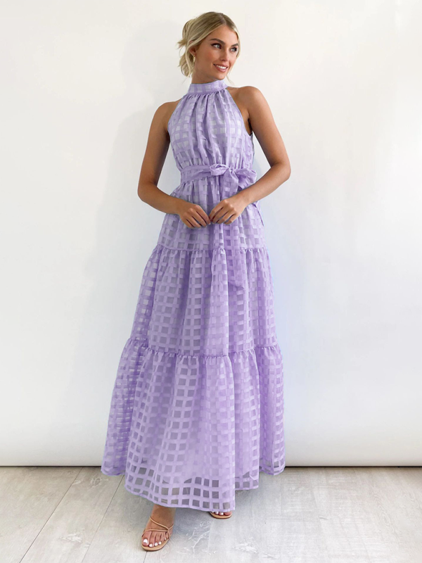 Elegant Halter Neck Maxi Dress with Waist Tie