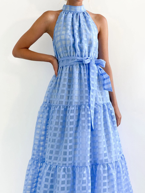 Elegant Halter Neck Maxi Dress with Waist Tie