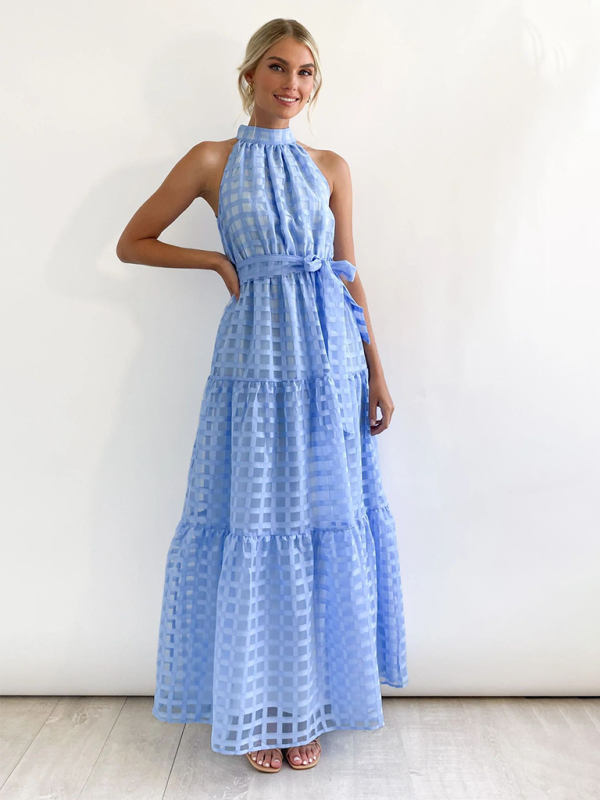 Elegant Halter Neck Maxi Dress with Waist Tie