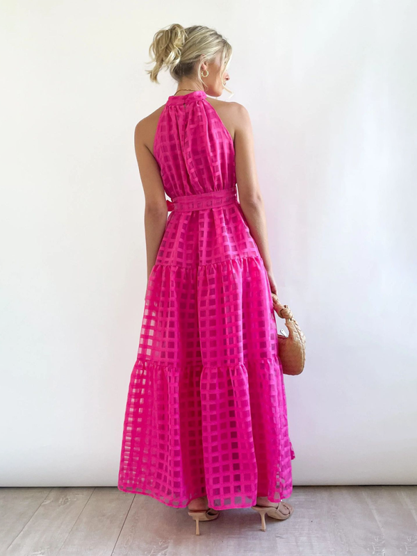 Elegant Halter Neck Maxi Dress with Waist Tie