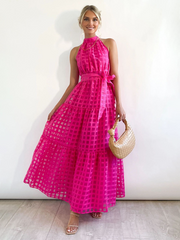 Elegant Halter Neck Maxi Dress with Waist Tie