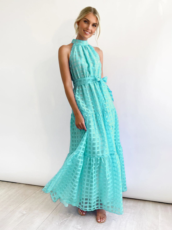 Elegant Halter Neck Maxi Dress with Waist Tie