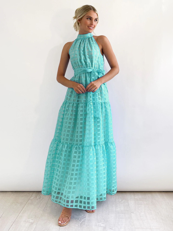 Elegant Halter Neck Maxi Dress with Waist Tie
