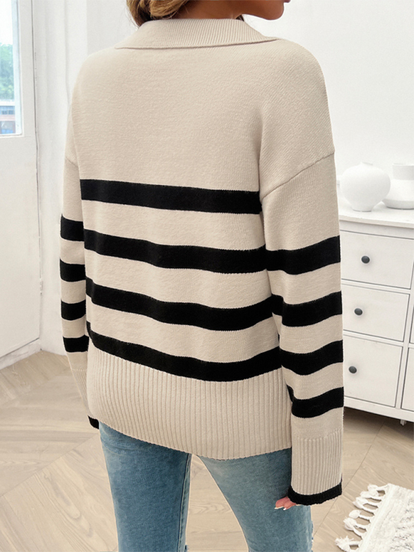 V-Neck Striped Long Sleeve Sweater with Lapel