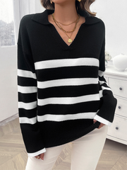 V-Neck Striped Long Sleeve Sweater with Lapel