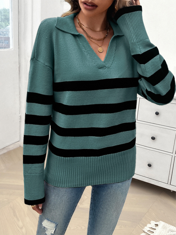 V-Neck Striped Long Sleeve Sweater with Lapel