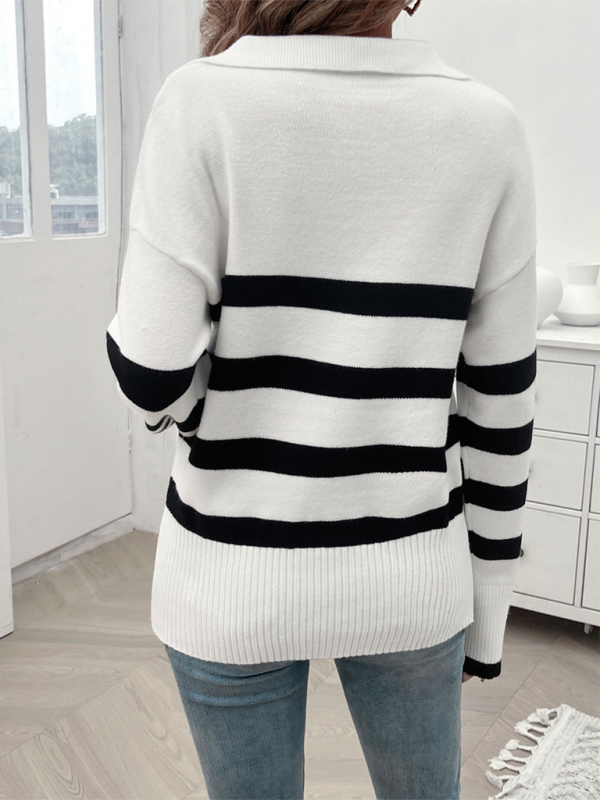 V-Neck Striped Long Sleeve Sweater with Lapel
