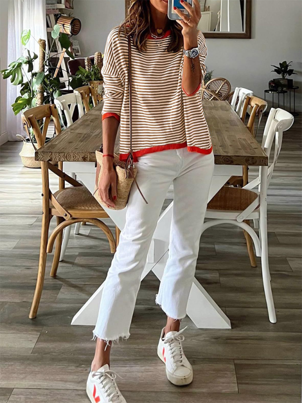 Round Neck Long Sleeve Striped Sweater