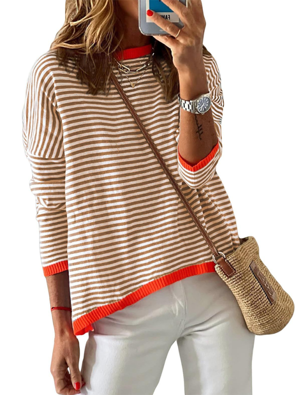 Round Neck Long Sleeve Striped Sweater