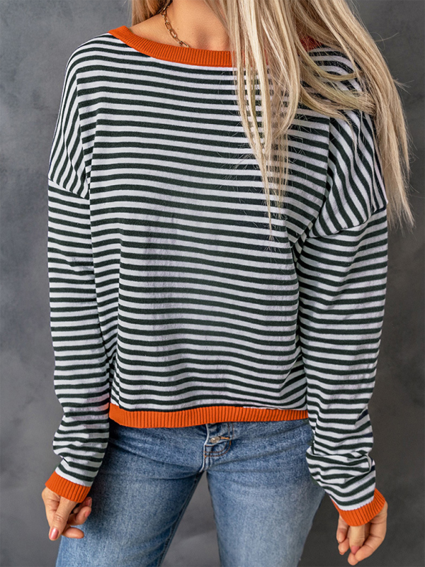 Round Neck Long Sleeve Striped Sweater
