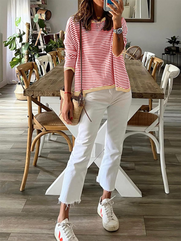 Round Neck Long Sleeve Striped Sweater