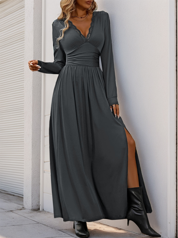 V-Neck Long Sleeve Maxi Dress with Cinched Waist