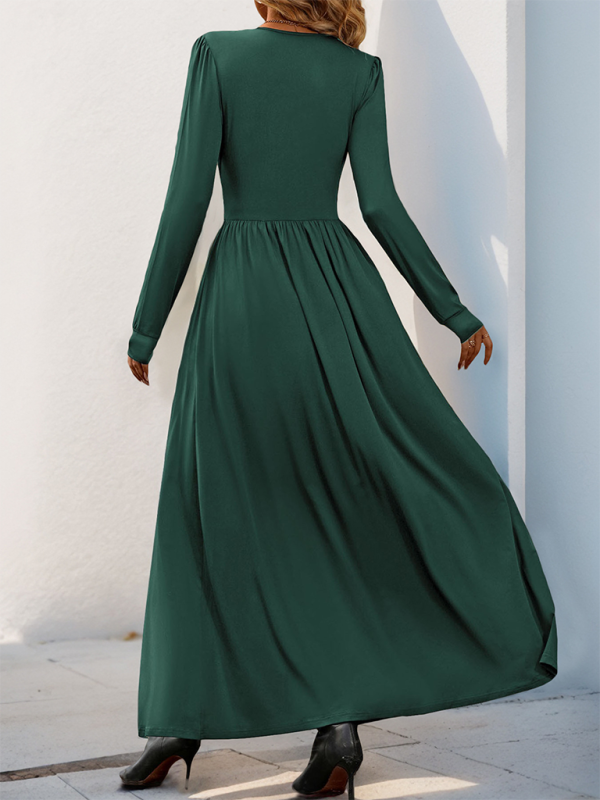 V-Neck Long Sleeve Maxi Dress with Cinched Waist