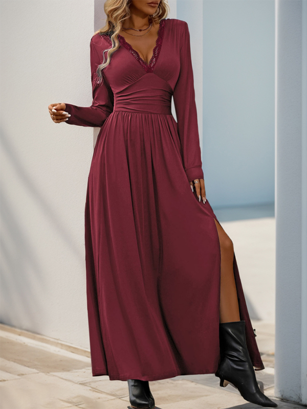 V-Neck Long Sleeve Maxi Dress with Cinched Waist
