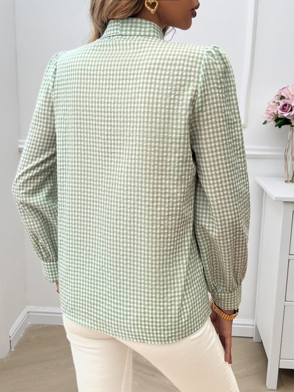 Checkered Long Sleeve Blouse with Bow