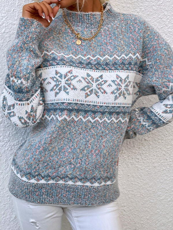 Knitted Snowflake Christmas Sweater with Mock Neck