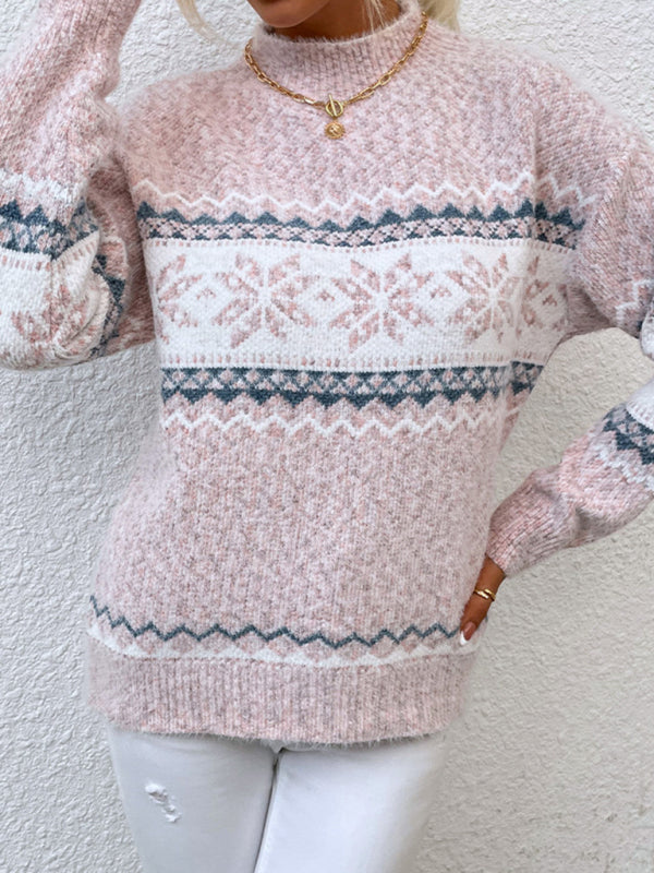 Knitted Snowflake Christmas Sweater with Mock Neck