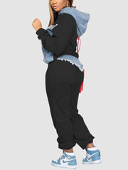 Denim Patchwork Hoodies Pant Set