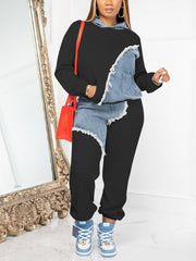 Denim Patchwork Hoodies Pant Set