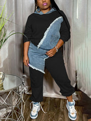 Denim Patchwork Hoodies Pant Set
