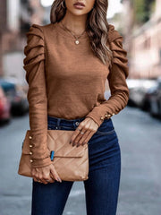 Round Neck Puffed Long Sleeve Top in 5 Colors S-XXL
