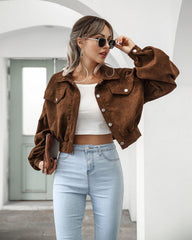 Cropped Corduroy Jacket with Lantern Sleeves in 5 Colors S-XL