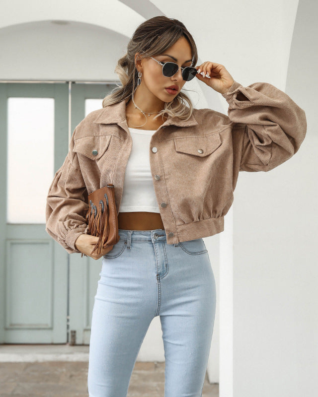Cropped Corduroy Jacket with Lantern Sleeves in 5 Colors S-XL