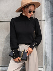 Turtleneck Cuffed Long Sleeve Knit Sweater with Button Detail in 4 Colors Sizes 4-10