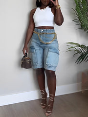 Distressed Utility Multi-Pocket Denim Shorts