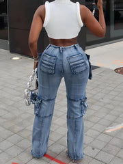 Casual  Multi-Pocket Straight Leg Patchwork Jeans