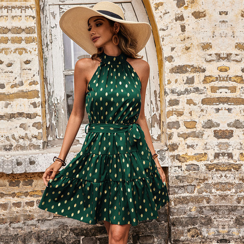 Halterneck Sleeveless Dot Midi Dress with Waist Tie in 3 Colors S-2XL