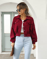 Cropped Corduroy Jacket with Lantern Sleeves in 5 Colors S-XL
