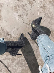 Rhinestone Zipper Heel Ankle Boots